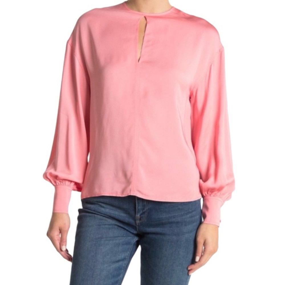 REISS Alana Silky Front Cutout Neckline  Long Sleeve Blouse Top, Pink
